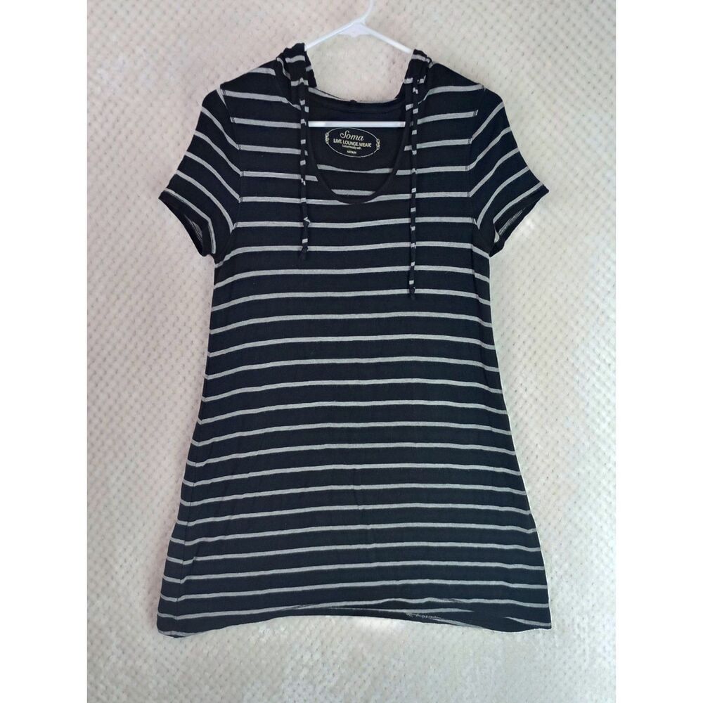 Soma Live Lounge Wear Women's Medium Black Striped Hooded Tunic Top